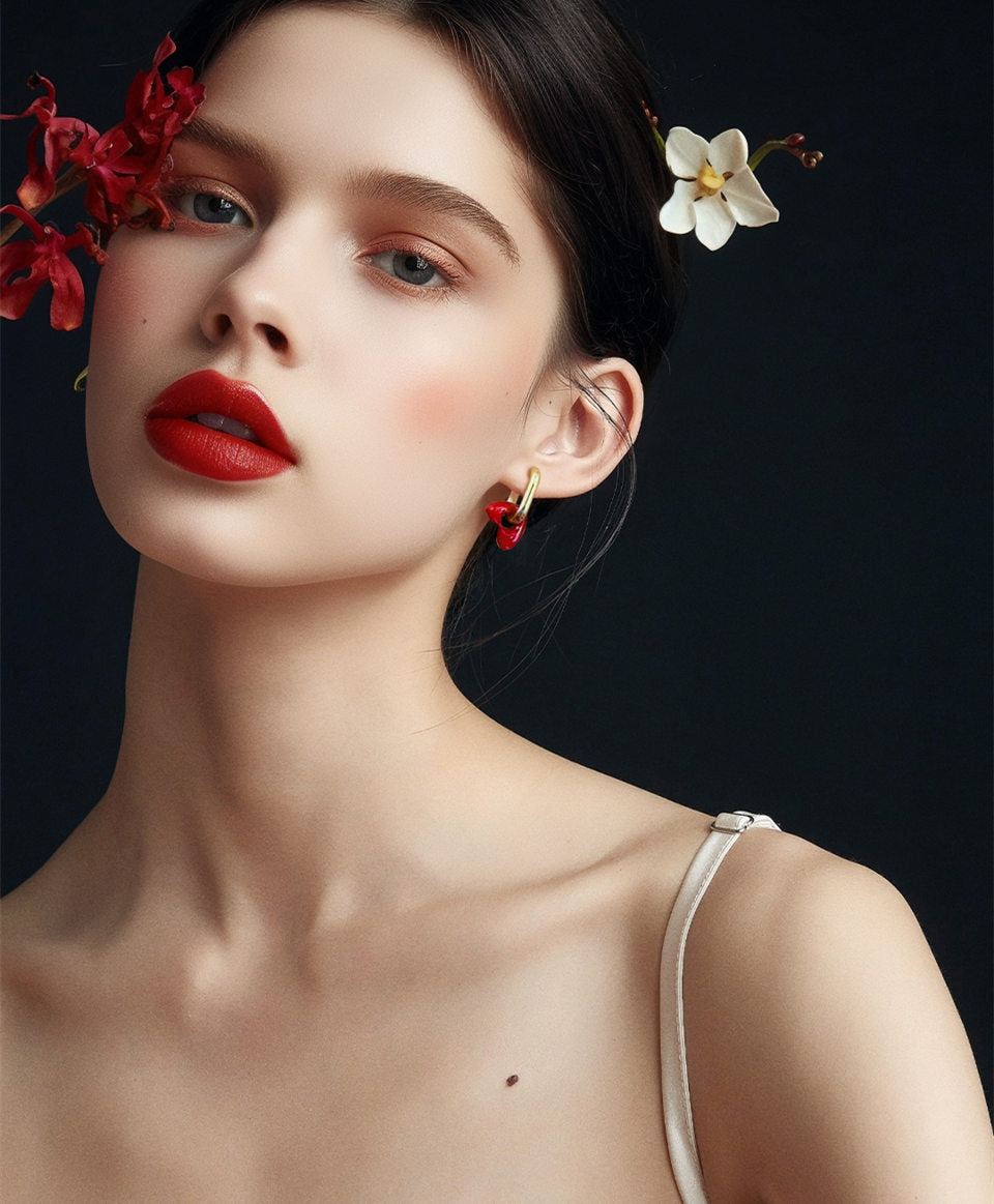 Heart-Shaped Red Enamel Drop Earrings