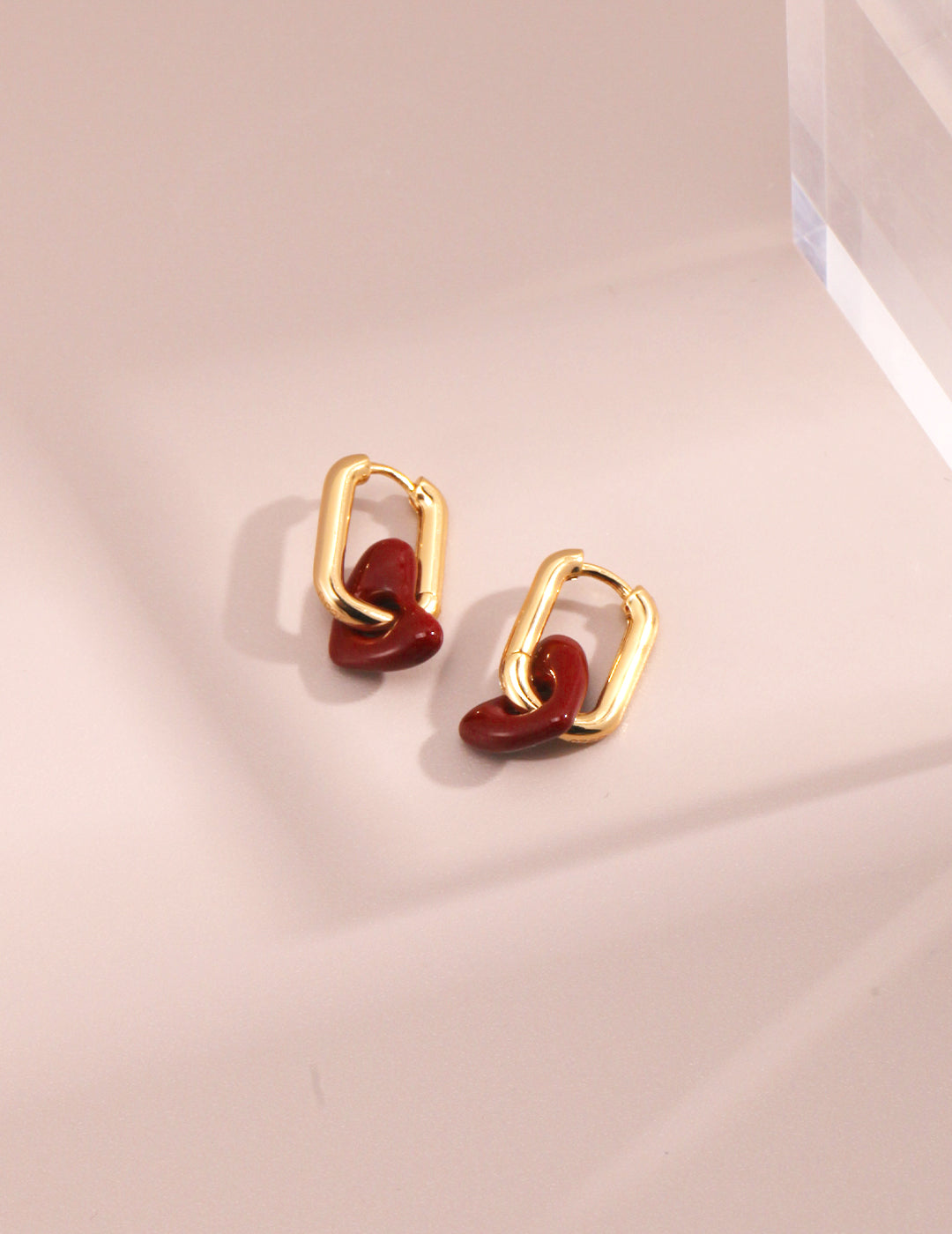 Heart-Shaped Red Enamel Drop Earrings