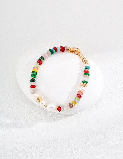 Sterling Silver Pearl Bracelet with Dopamine-Inspired Colorful Gemstones