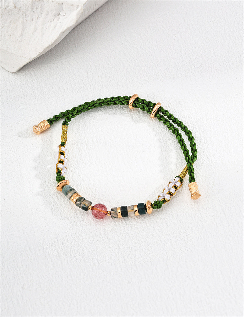 Strawberry Quartz & Moss Agate Macrame Bracelet