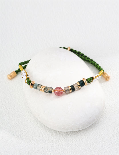 Strawberry Quartz & Moss Agate Macrame Bracelet