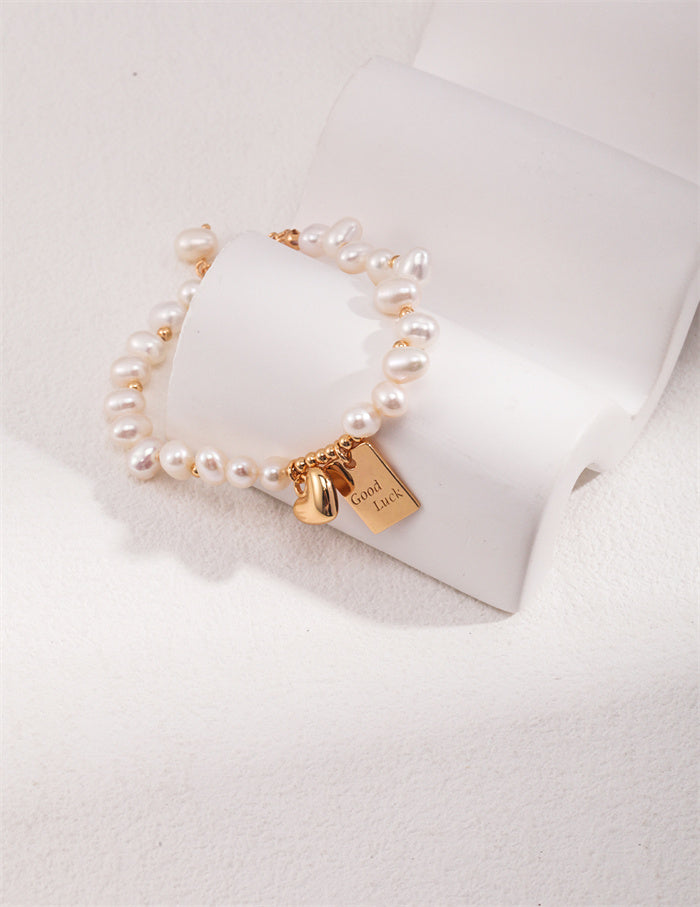 Rice Pearl Cluster Bracelet with Heart Lucky for Daily Wear