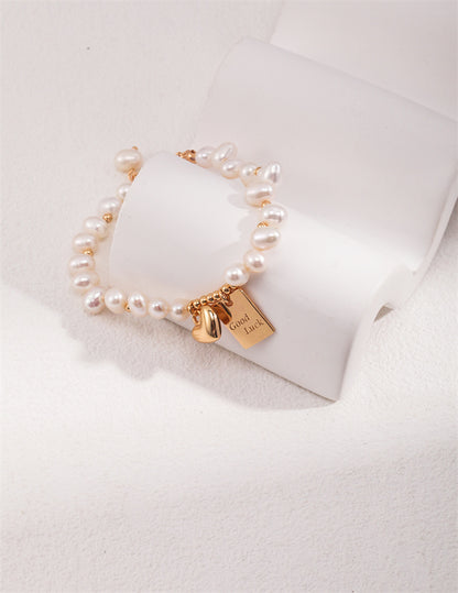 Rice Pearl Cluster Bracelet with Heart Lucky for Daily Wear