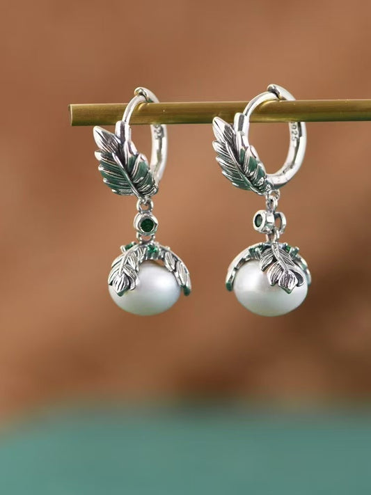 Silver Feather Pearl Drop Earrings