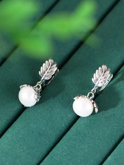 Silver Feather Pearl Drop Earrings