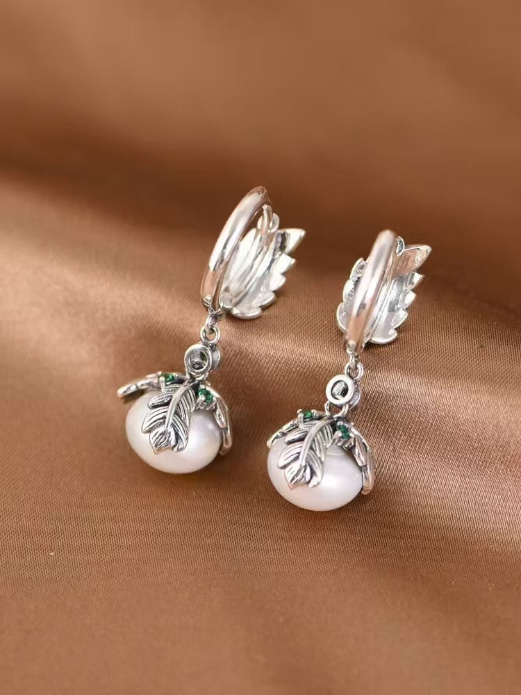 Silver Feather Pearl Drop Earrings