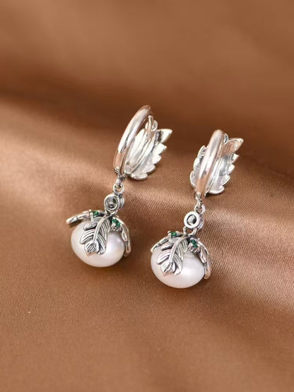 Silver Feather Pearl Drop Earrings