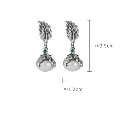 Silver Feather Pearl Drop Earrings