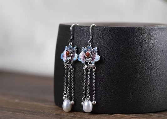 Enamel Silver Pearl Drop Earrings | Multi Colored Gemstone Earrings