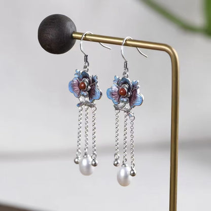 Enamel Silver Pearl Drop Earrings