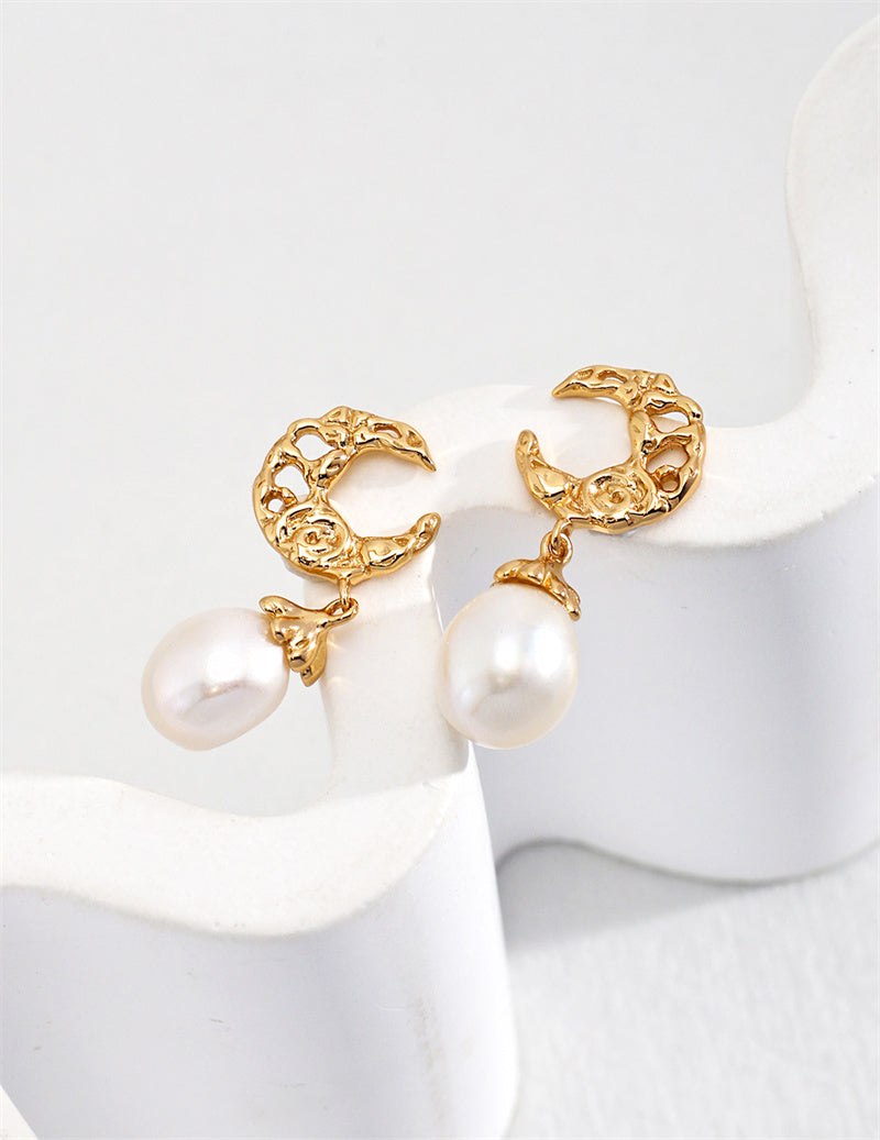 Moon Shaped Pearl Drop Earrings