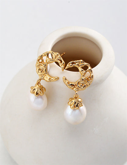 Moon Shaped Pearl Drop Earrings