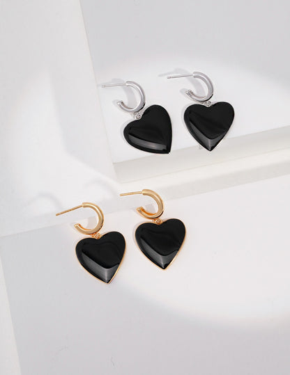 S925 Sterling Silver Black Enamel Heart Earrings Pendant – Everyday Accessory