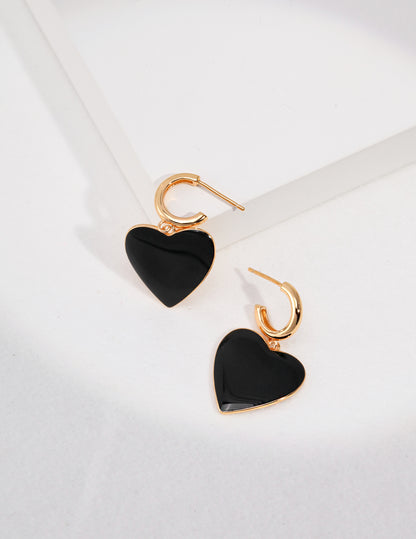 S925 Sterling Silver Black Enamel Heart Earrings Pendant – Everyday Accessory