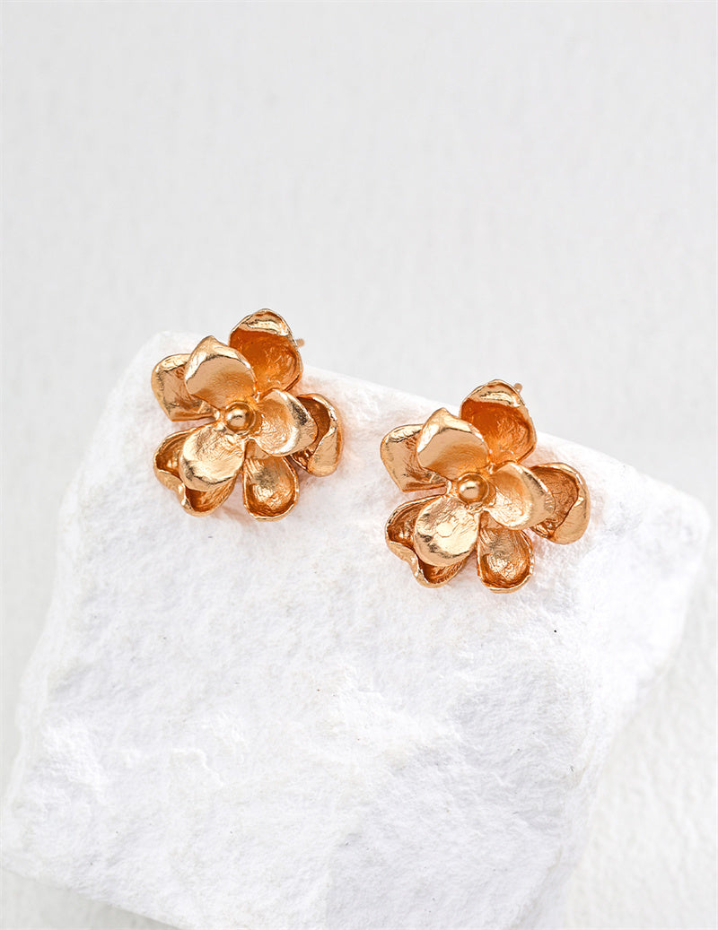 Flower Design S925 Sterling Silver Gold-Plated Stud Earrings