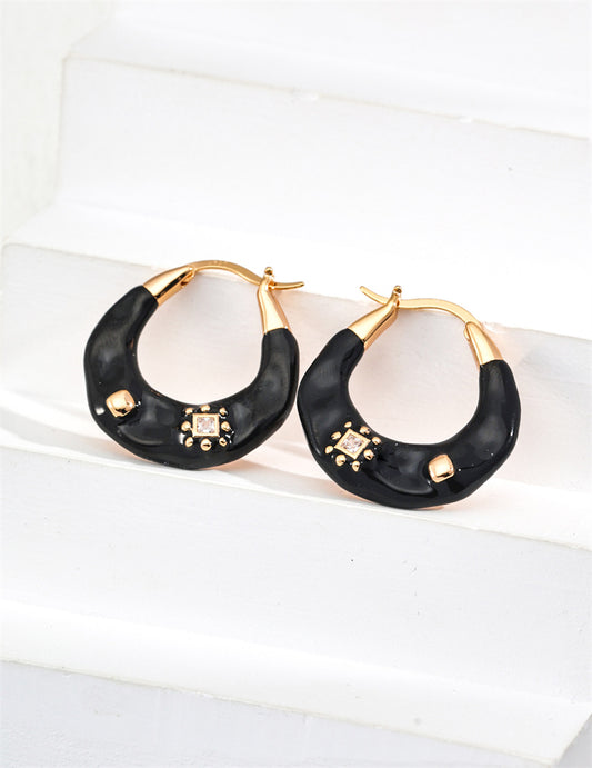 Vintage Black Enamel Zircon Pendant Hoop Earrings – S925 Sterling Silver with Gold Finish