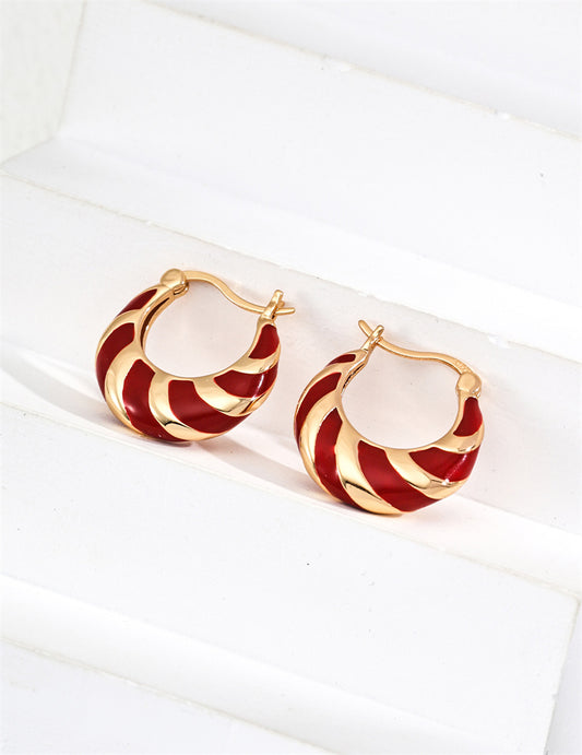 Minimalist Red Enamel Striped Hoop Earrings