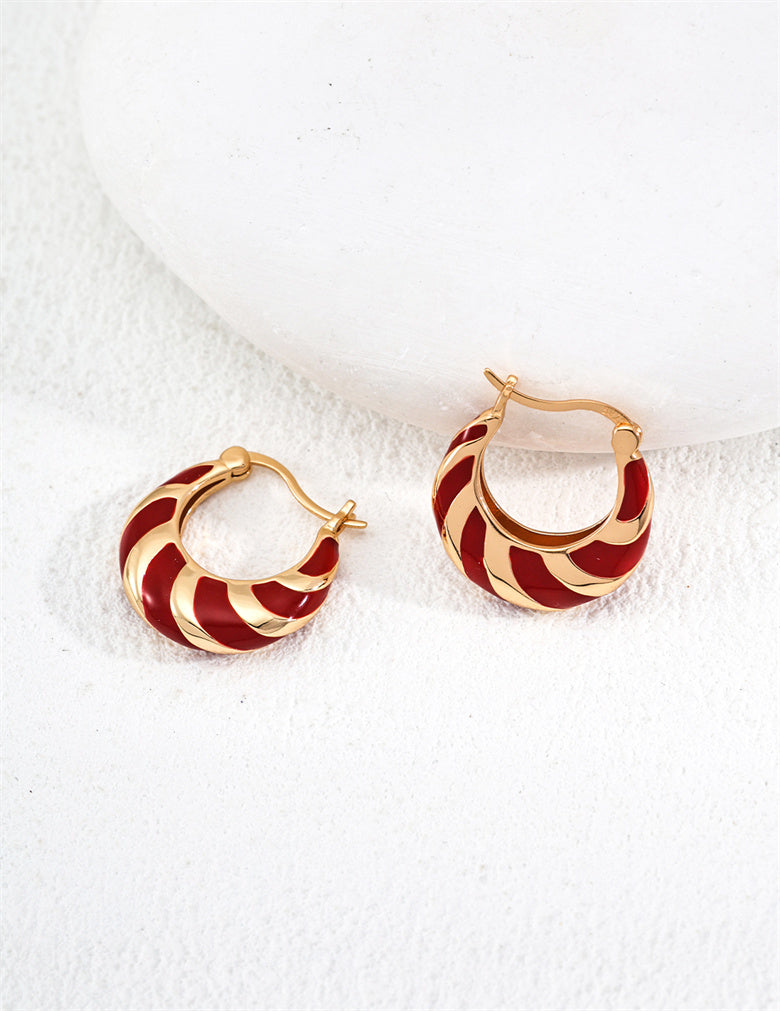 Minimalist Red Enamel Striped Hoop Earrings