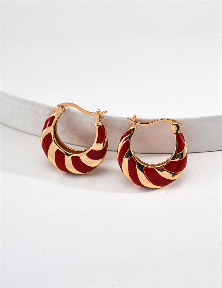 Minimalist Red Enamel Striped Hoop Earrings