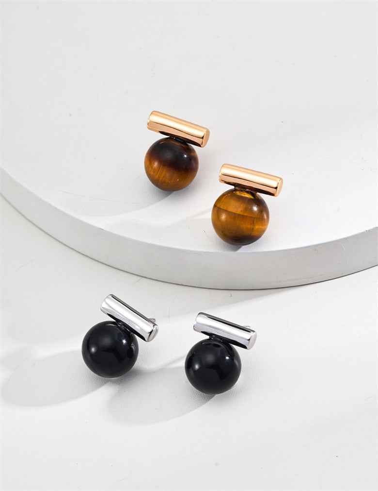 Tiger’s Eye /Black Onyx Ball Stud Earrings