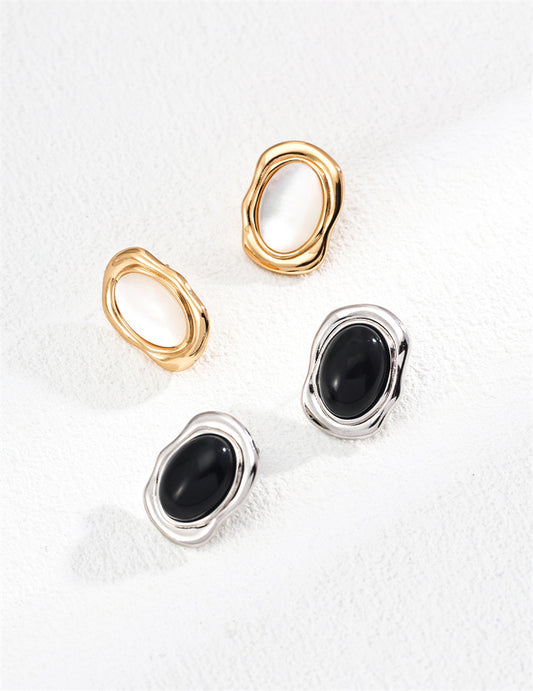 Minimalist Black Onyx/Mother of Pearl Oval Stud Earrings