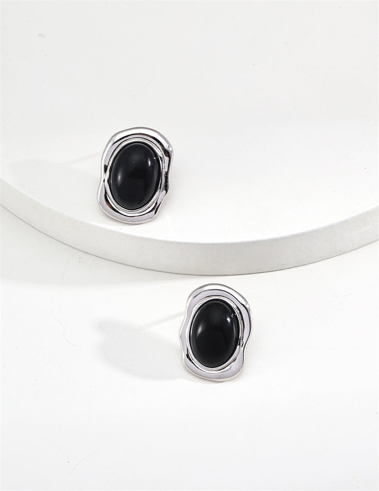 Minimalist Black Onyx/Mother of Pearl Oval Stud Earrings