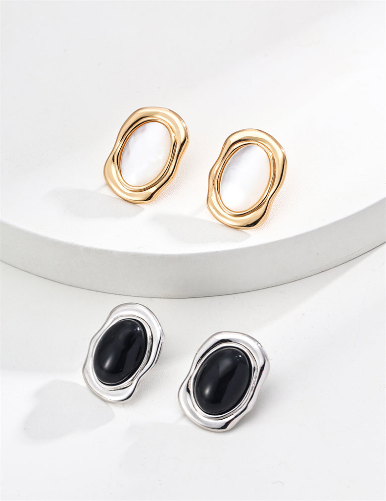 Minimalist Black Onyx/Mother of Pearl Oval Stud Earrings