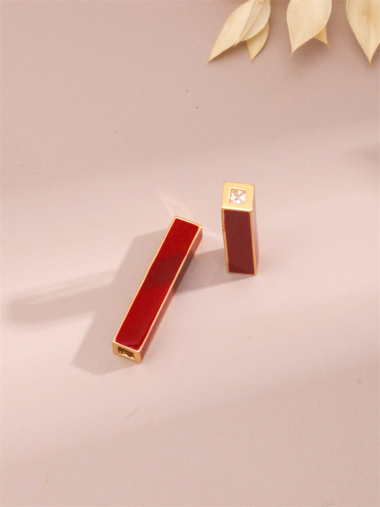 Sterling Silver Long Bar Red Enamel Earrings | S925 Vintage Design