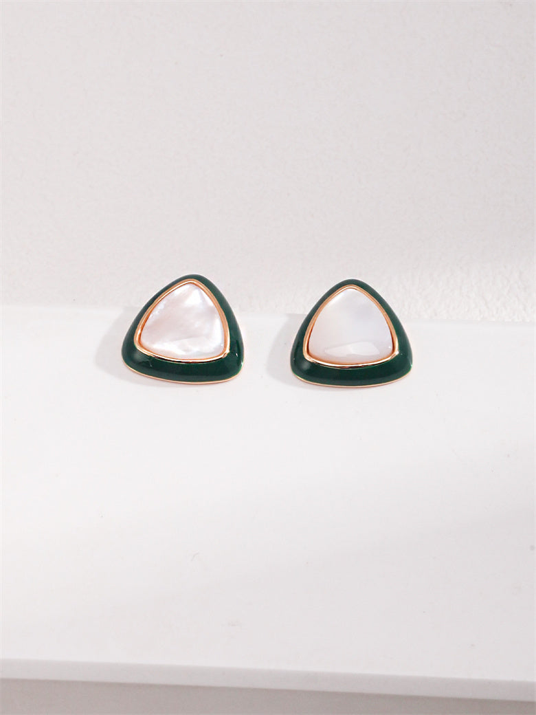 Black Green Triangle Mother of Pearl Stud Earrings