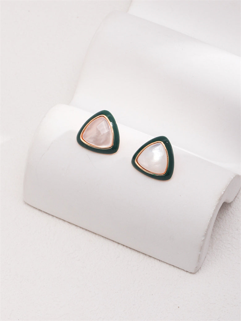 Black Green Triangle Mother of Pearl Stud Earrings