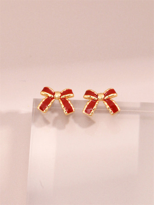 Sterling Silver Red Enamel Bow Stud Earrings