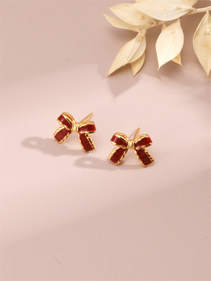 Sterling Silver Red Enamel Bow Stud Earrings