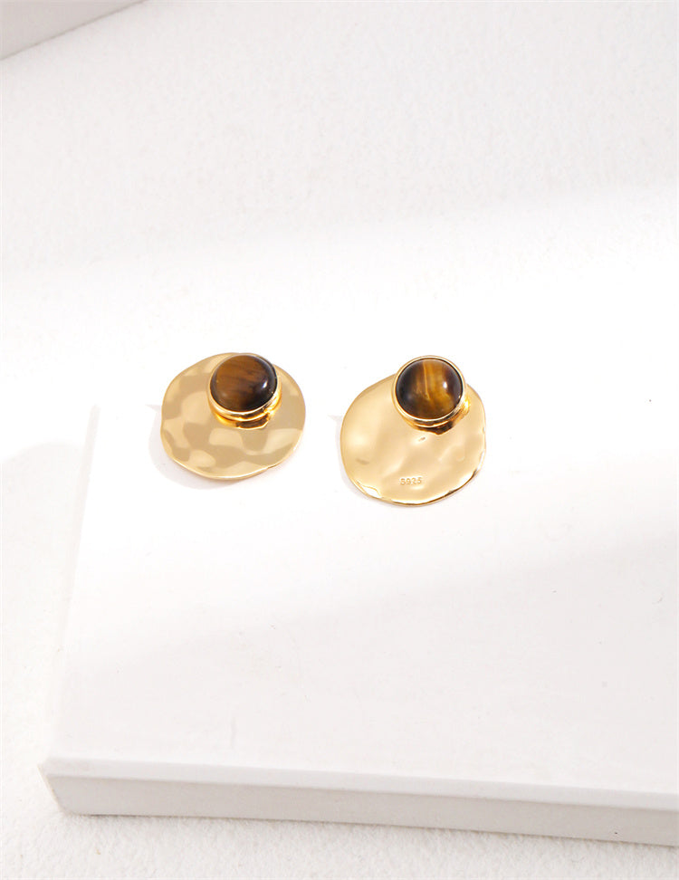 S925 Silver Tiger Eye Stone Circle Stud Earrings