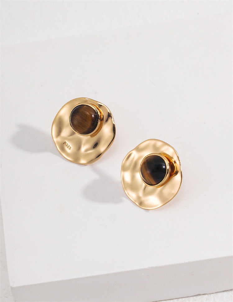 S925 Silver Tiger Eye Stone Circle Stud Earrings