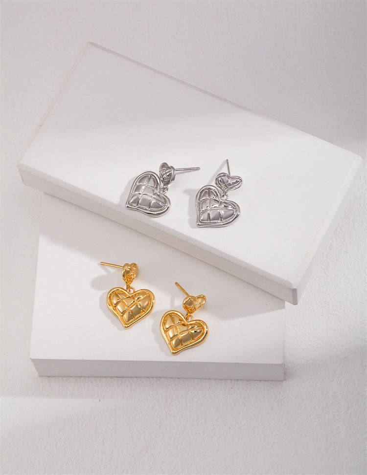 S925 Silver Cute Double Diamond Pattern Heart Drop Earrings