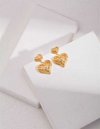 S925 Silver Cute Double Diamond Pattern Heart Drop Earrings