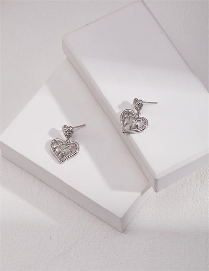 S925 Silver Cute Double Diamond Pattern Heart Drop Earrings