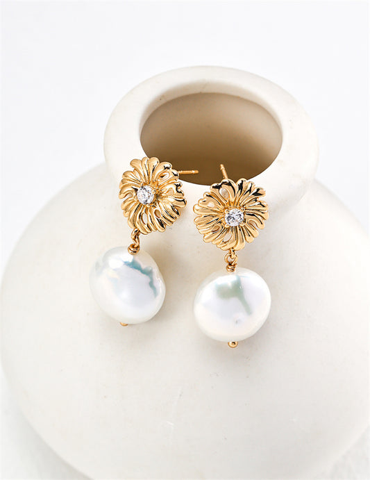 S925 Silver Baroque Pearl & Zircon Flower Drop Earrings