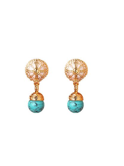 Turquoise Long Dangle Earrings with Gold-Plated Silver Pin – Ethnic Boho Chic for Women