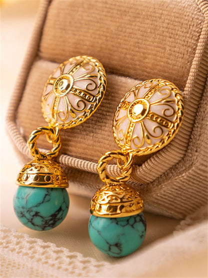 Turquoise Long Dangle Earrings with Gold-Plated Silver Pin – Ethnic Boho Chic for Women