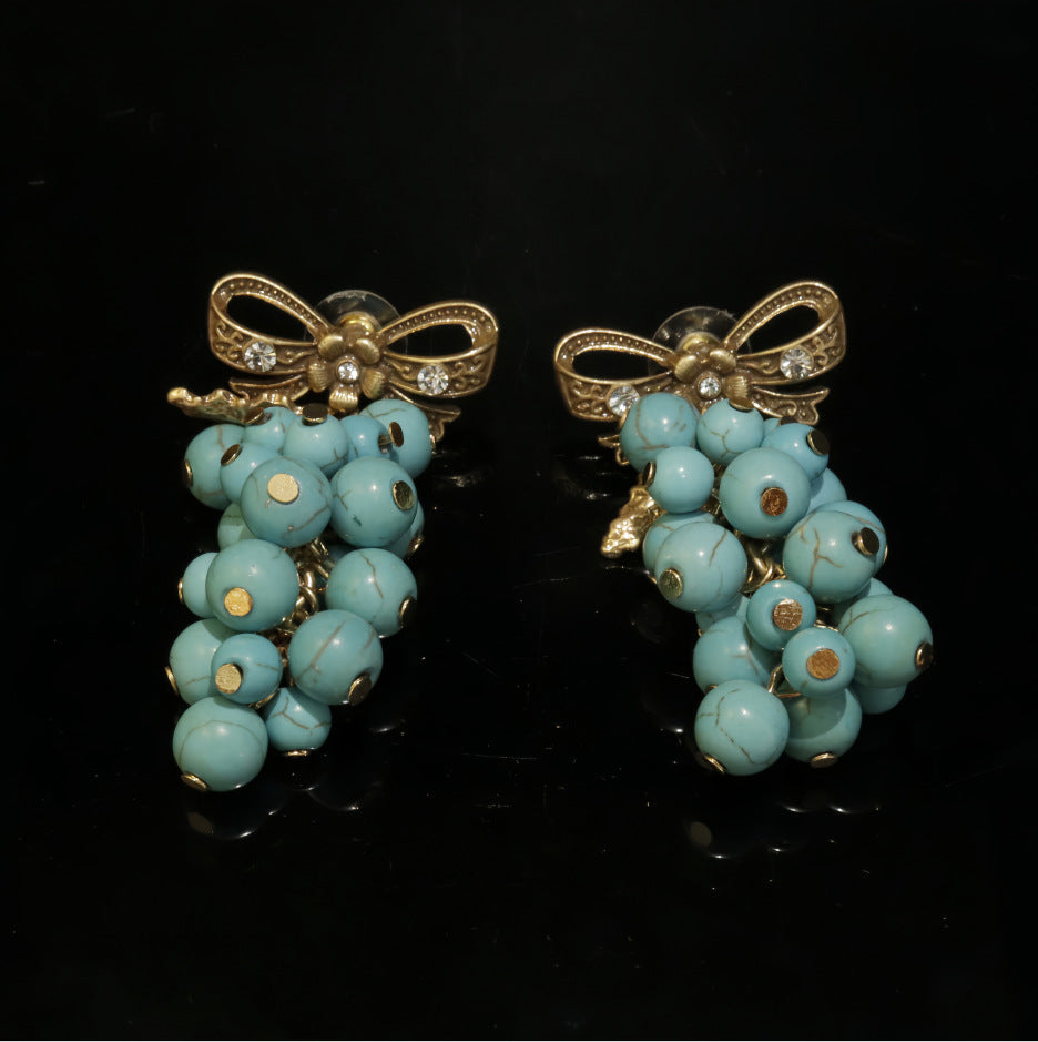 Vintage Turquoise-Inlaid Grape Drop Earrings – Elegant Blue-Green Alloy Design