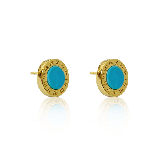 Elegant Minimalist Turquoise Round Stud Earrings  | Blue-Green Turquoise Gemstone Jewelry