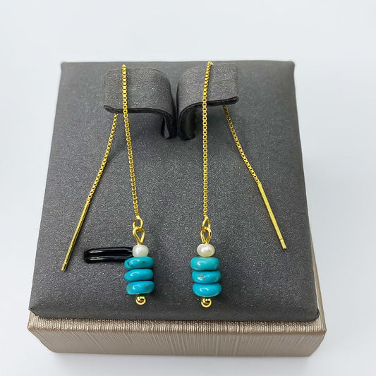 Turquoise Bead & Pearl Ear Thread Drop Earrings