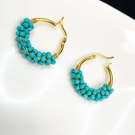 Turquoise Seed Bead Woven Hoop Drop Earrings