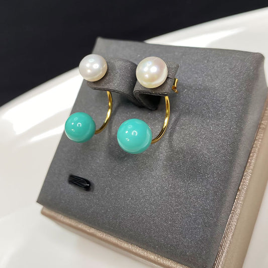 Turquoise Round Bead & Pearl Stud Earrings