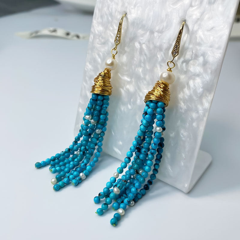 Turquoise Gemstone Bead Cluster Tassel Drop Earrings | Vintage-Inspired, Unique Beaded Jewelry