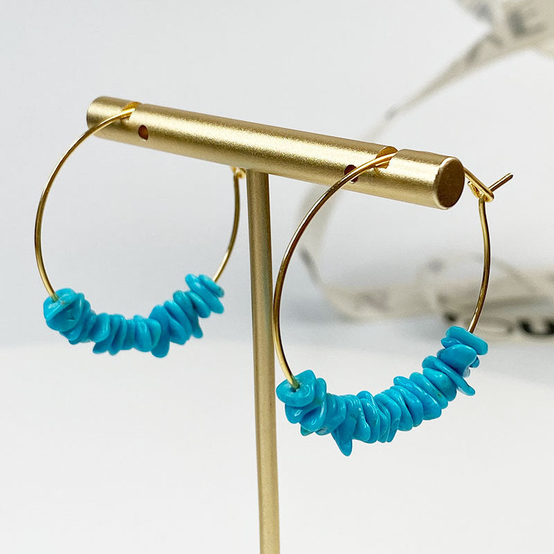 Turquoise Seed Bead Large Hoop Drop Earrings | Blue-Green Turquoise Hoop Jewelry