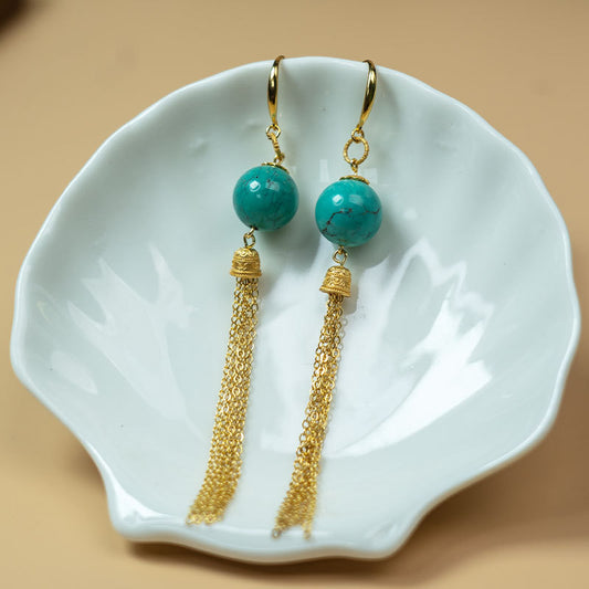 Turquoise Round Bead Tassel Drop Earrings