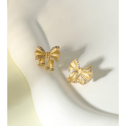 S925 Silver Brushed Zircon Bow Knot Stud Earrings