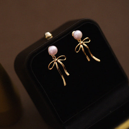 Gold S925 Silver Bow Knot Pearl Stud Earrings